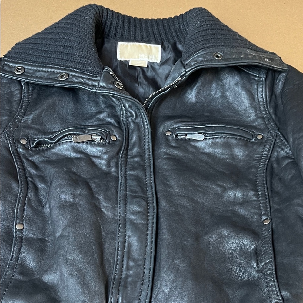 MICHAEL Michael Kors Black Leather Bomber Jacket Ribbed Knit Trim Size M - Picture 9 of 9
